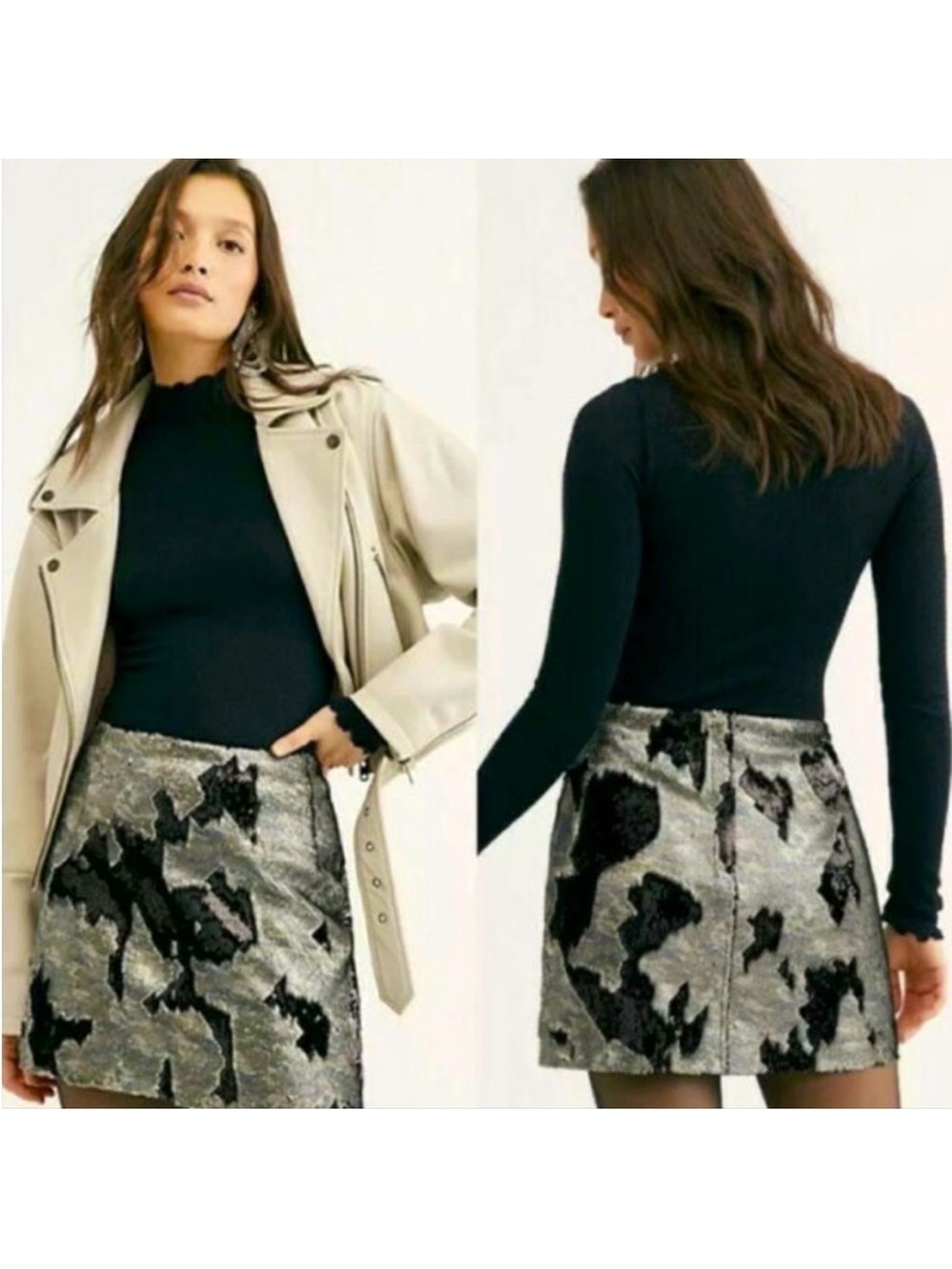 Free People One Skinny Sequin Camo Metallic Silver Mini Skirt Size 4
